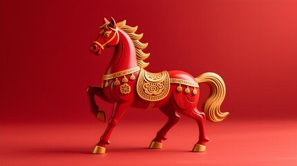 Red and gold wood-carved horse on red background for 2026 Chinese N...
