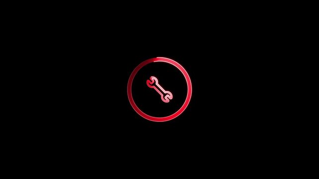 Red glowing wrench icon inside a circular frame on a black background spanner tool