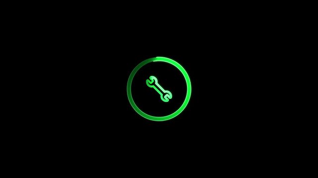 Green glowing wrench icon inside a circular frame on a black background spanner tool