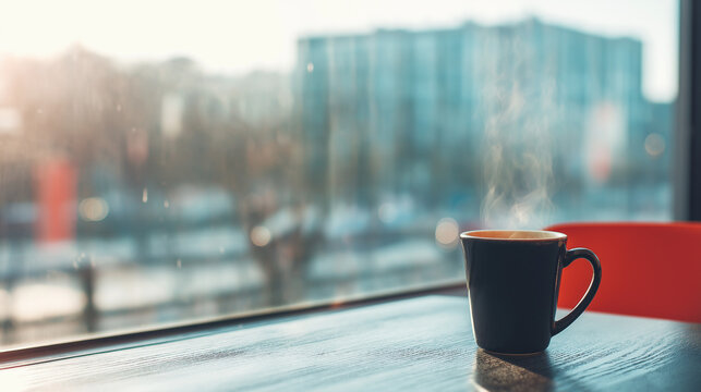 A steaming cup of coffee on a cafe table, warmed by morning sunlight.