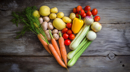 Fresh vegetables and fruits arranged in a heart shape on a rustic wooden surface, bathed in warm natural light.