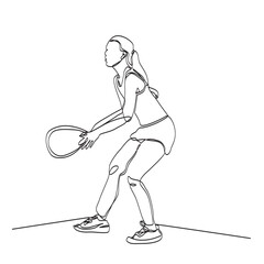 Continuous vector line art of woman playing padel or tennis with racket in side view ready for action