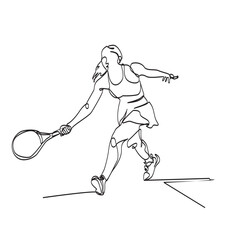 Continuous vector line art of woman playing padel or tennis with racket in forehand stroke action, female padel player art icon