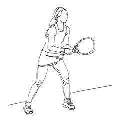Continuous vector line art of woman playing padel or tennis with racket, female padel player art icon