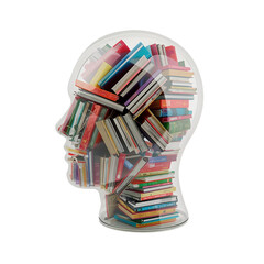 Head filled with books isolated on transparent background, representing knowledge, learning, and the accumulation of information through reading