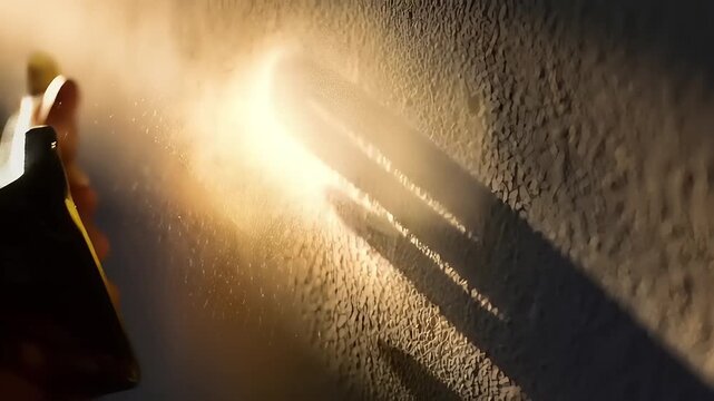 Close up of a small insect illuminated by a bright light on a textured wall.