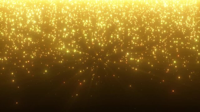 4k Golden glitter lights falling on black background. Abstract celebration animation. Bokeh lights. Defocused particles. God rays. Spotlight