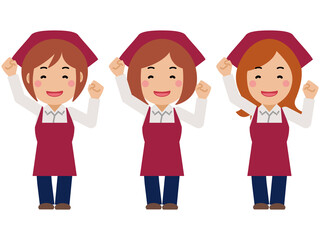 大きな身振りで応援。真紅のエプロンと三角巾の女性