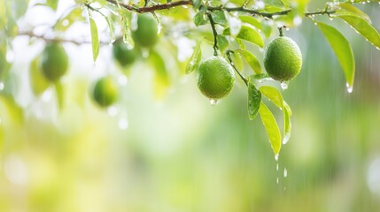 Fototapeta premium moisture. Vibrant green sudachi limes hanging from a rain-moistened branch with water droplets. menu design, packaging mockups, designed for culinary blogs and recipe cards for restaurants.
