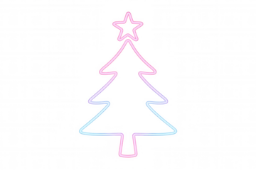 Christmas tree neon outline with glowing pink and blue light on transparent background for holiday design