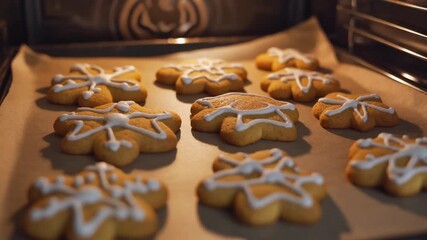 Gingerbread cookies with icing baking on a tray inside of a lit oven. - Powered by Adobe