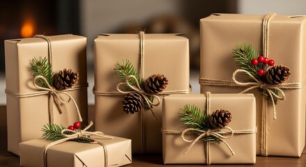 Five christmas gifts wrapped in brown paper with twine and decorations
