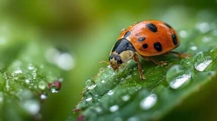 Obraz premium Ladybug on dewy leaf