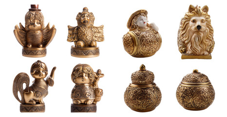 Gold figurine set of animals and children isolated on transparent background