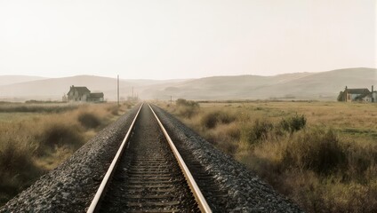 Fototapeta premium A perspective shot of railway tracks extending into the distance, leading to a misty rural setting