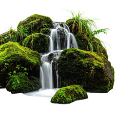 Realistic jungle waterfall with rocks and green plants isolated on transparent background
