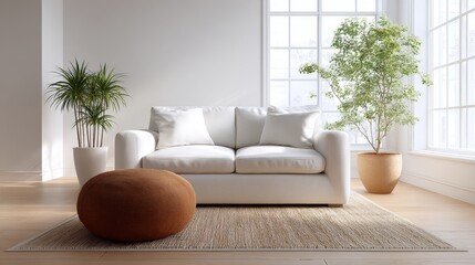 Modern and bright living room with white sofa and indoor plants