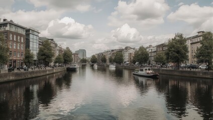 A picturesque canal scene showcasing buildings along the water with boats and overcast sky