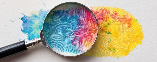 A colorful fingerprint magnified, revealing vibrant patterns and hues on a textured background, combining art and forensic elements.