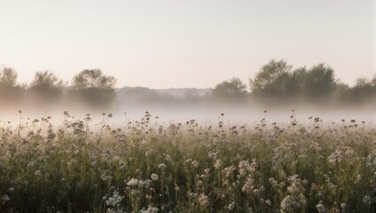 A misty meadow at dawn with wildflowers and distant trees under a soft, hazy sky
