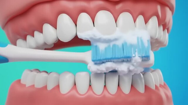 Close up of healthy white teeth being brushed with a blue toothbrush and white toothpaste.