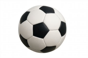 Traditional black and white soccer ball for football game, isolated on transparent background, sport playing equipment