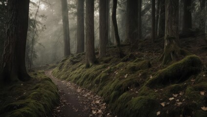 Fototapeta premium A misty path winds through a dark forest with mossy ground and tall trees