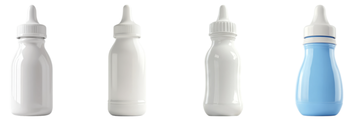 Various Baby Bottles in Different Colors and Designs for Infants, Isolated on Transparent Background