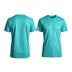 Two views of a solid, light turquoise crew-neck t-shirt, front and back against black