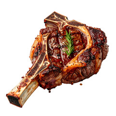 Close-up of a juicy, grilled bone-in steak with rosemary sprig, isolated on black