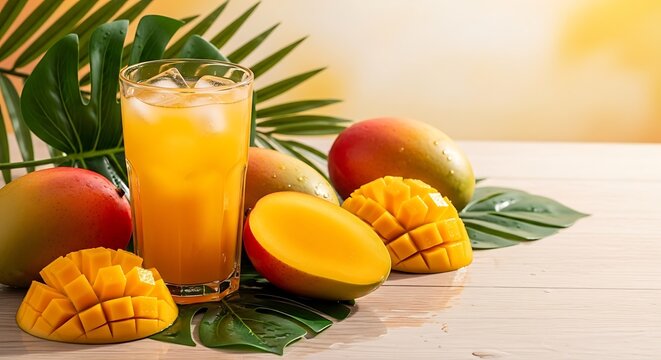 Refreshing tall glass of vibrant orange mango juice with ice surrounded by ripe mango fruits and tropical palm leaves on a wooden surface