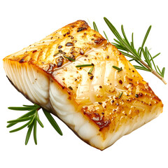 Grilled, glazed fish fillet with rosemary sprigs, isolated against a transparent backdrop