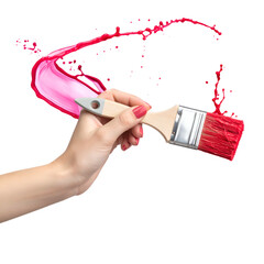Hand holding a paintbrush, splashing vibrant pink/red paint against a black background