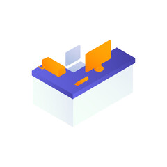 Isometric Office Setup with Computer Monitor Laptop and Stationary on Purple and White Desk Against Transparent Backdrop