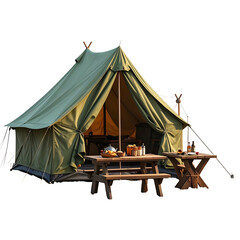 A canvas tent is set up, with a picnic table, table, and camping supplies