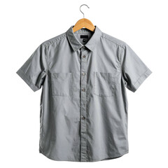Light gray short-sleeved button-down shirt, hanging on a wooden hanger, against a black background