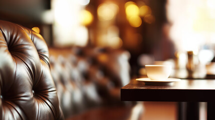 Luxurious leather sofa and coffee table in an upscale restaurant with warm ambient lighting.