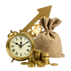 A vintage clock, gold arrow, money bag, and coins arranged against a black background