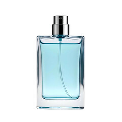 Square glass perfume bottle with pale blue liquid, chrome top, against a black backdrop