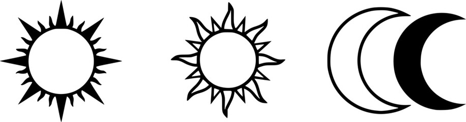 Black Sun and Moon Icons for Day and Night
