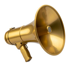 A shiny, golden handheld megaphone on a stark black background, angled rightward