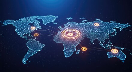 Secure global network connections protecting data across continents with glowing digital world map, ideal for cybersecurity branding and international business solutions