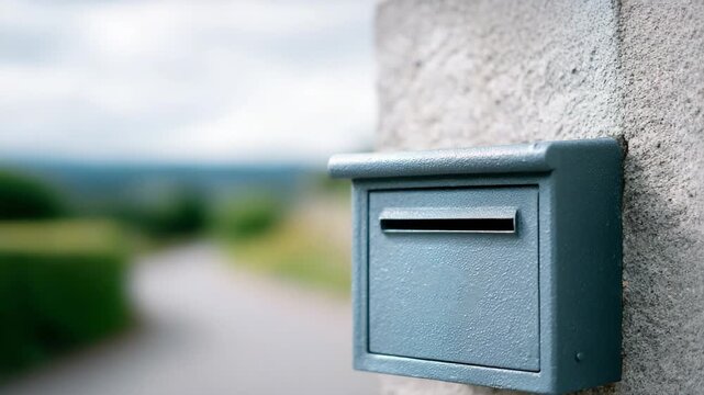 Blue metal mailbox and gray metal letterbox mounted on concrete wall outdoor, rural countryside mail communication, blurred road, green landscape, peaceful calm anticipation atmosphere