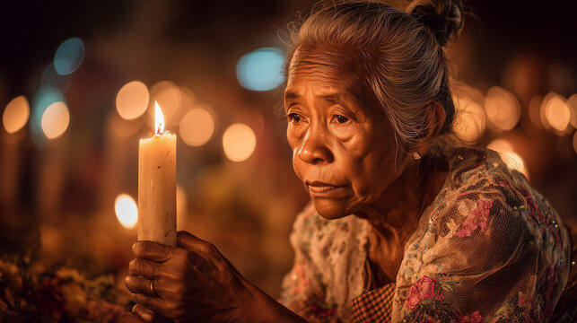 Elderly Filipino Woman Holding Candle During Tumba Festival In The Philippines, Commemorating All Souls’ Day, Remembering Loved Ones, And Reflecting Deep Spiritual And Cultural Traditions