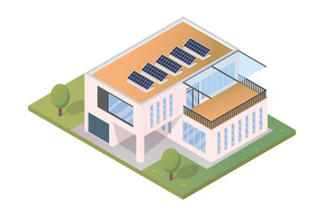Isometric Pink Building with Beige Roof and Blue Solar Panels on Transparent Background