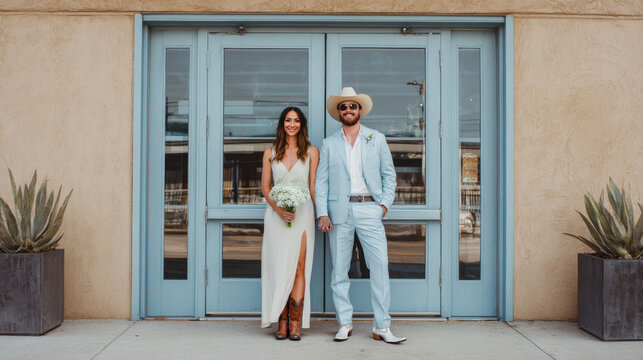 An elegant bride and groom posing in front of the registry office on their wedding day. They sport a stylish cowboy style. For weddings, fashion, lifestyle, content, advertising about modern couple - Powered by Adobe