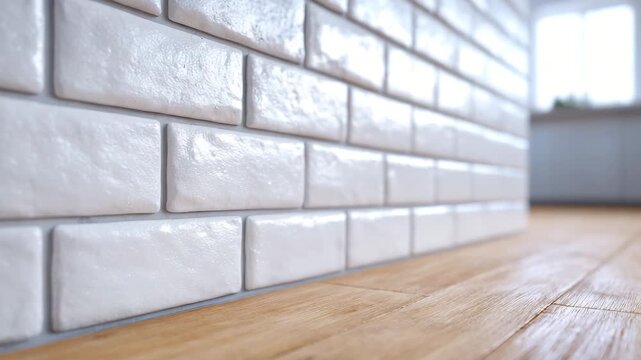 White subway tile wall glossy ceramic surface in modern interior, close up of wooden floor with natural light, clean minimalistic bright home kitchen or bathroom design, peaceful and fresh atmosphere