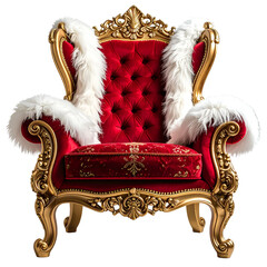 Elaborate, ornate red and gold throne, trimmed with fluffy white fur, isolated on white background