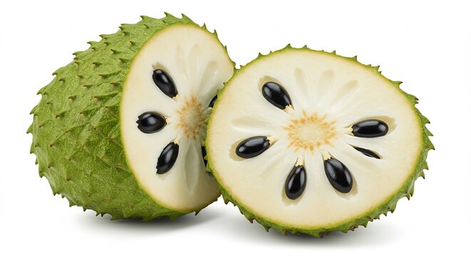 Eine frische Stachelannone sauber halbiert pr�sentiert dunkle Kerne isoliert auf hellem Hintergrund f�r gesunde Kost. AI Generated