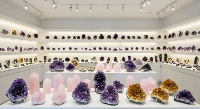 Gl�nzende Amethyst und Rosenquarz Kristalle kunstvoll pr�sentiert in einem hell beleuchteten modernen Mineralienladen.. AI Generated